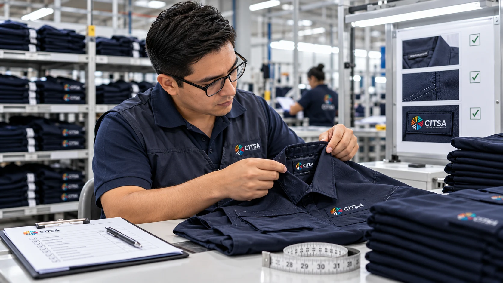 Inspector revisando costuras y acabados de un uniforme CITSA